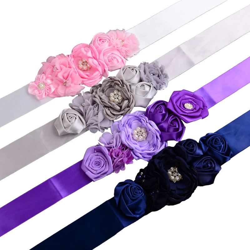 Cinturón de flores púrpura, gris, azul marino, cintas de satén con diamantes de imitación para niños, cinturones para niñas, cinturones de para de boda|Cinturones de niña| AliExpress
