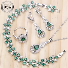 Свадебные комплекты ювелирных изделий из зеленого циркония для женщин, 925 пробы, серебряные ювелирные изделия, кольцо, браслет, ожерелье, серьги, набор, подарочная коробка
