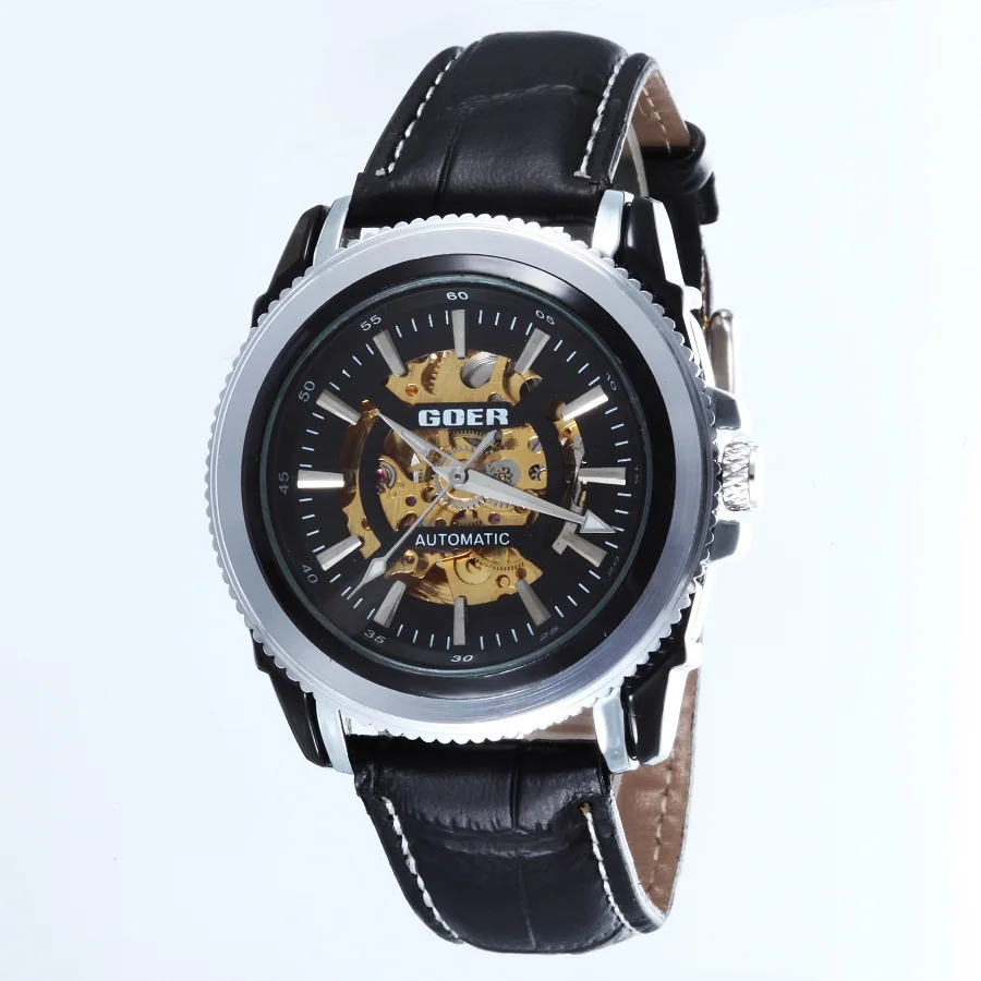 GOER brand Fashion leather men s watches mechanical Automatic waterproof Skeleton male movement Wrist watch