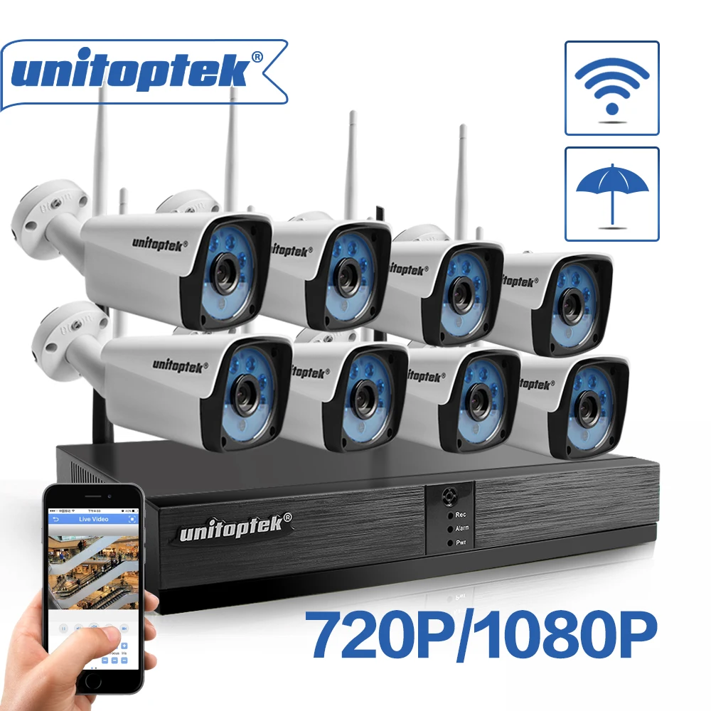 Unitoptek 4CH 8CH Беспроводная NVR домашняя система безопасности 720P 1080P HD CCTV видео наблюдение NVR комплект 2.0MP Wifi наружная камера комплект