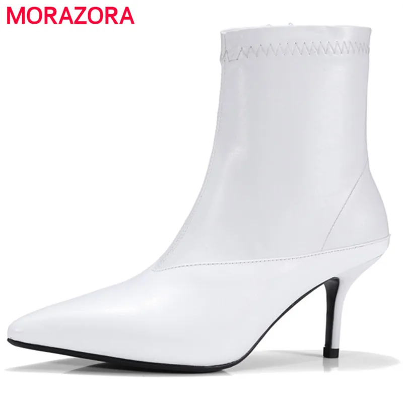 MORAZORA Ankle boots for women fashion elegant thin heels shoes genuine leather + easticity PU womens boots pointed toe