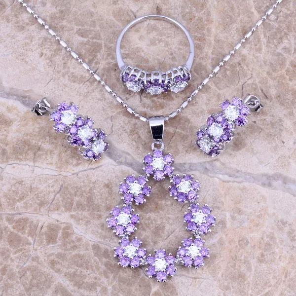 

Stunning Purple Cubic Zirconia White CZ Silver Jewelry Sets Earrings Pendant Ring Size 6 / 7 / 8 / 9 / 10 S0149