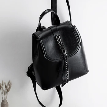 

Fashion Chain Backpack Oil Wax Cow Leather Ins Black Color Backpacks Women Travel Shopping Casual Bag Small School Bag Book Pack