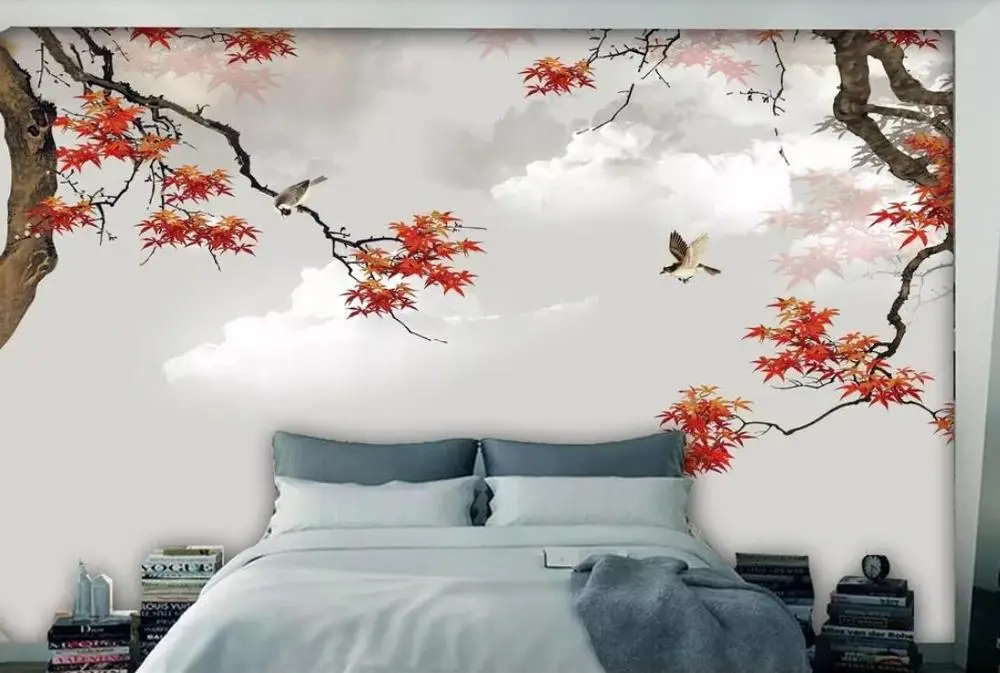 

Nordic red maple bird TV sofa living room bedroom background wallpaper mural