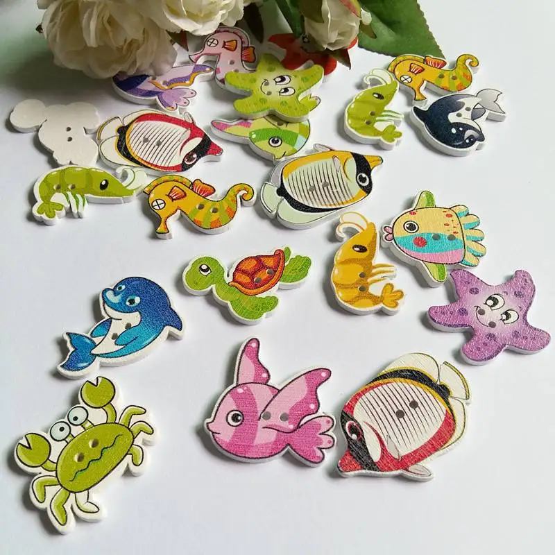 

40PCs 2 Holes Ocean Series Natural Wooden Sewing Decorative Wood Buttons Scrapbooking Crafts Clothing Accessories botones