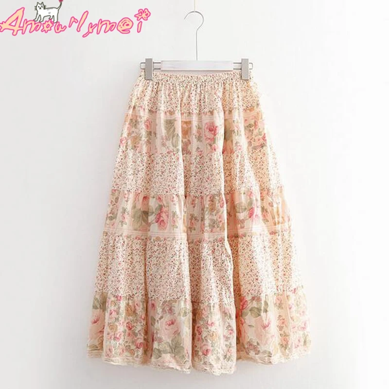 

Vintage Lace Patchwork Cotton Floral Printing A-line Skirt Mori Girl Saias