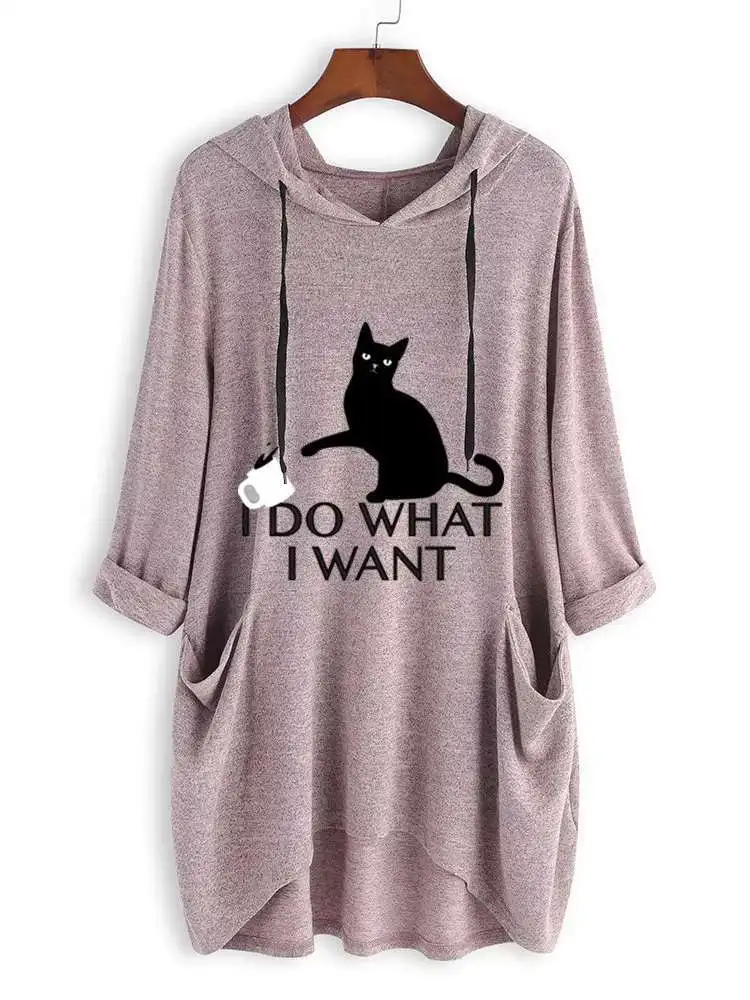 Women Loose Hooded Tops Cartoon Cat Printed Oversized Sweatshirt 2019 Spring Ladies Irregular Pocket Hoodies Plus Size M-5XL Women Loose Hooded Tops Cartoon Cat Printed Oversized Sweatshirt 2019 Spring Ladies Irregular Pocket Hoodies Plus Size M-5XL