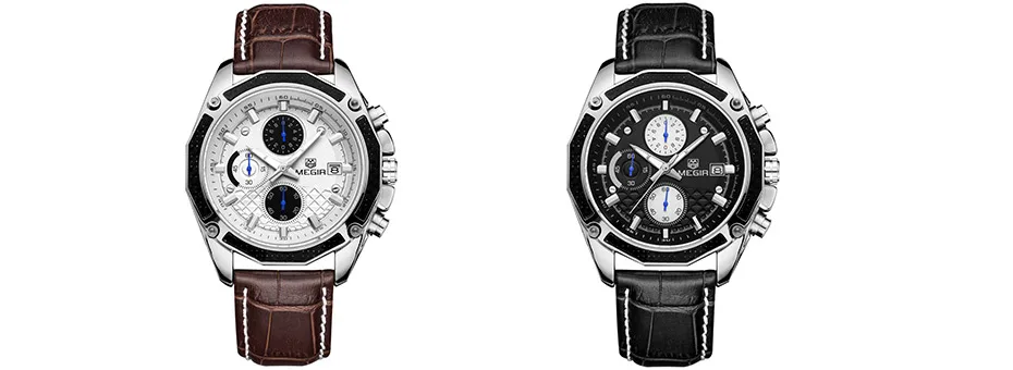 MEGIR кварцевые мужские часы, часы из натуральной кожи для гонок, мужские Студенческие часы с хронографом, мужские светящиеся стрелки для мужчин 2015G