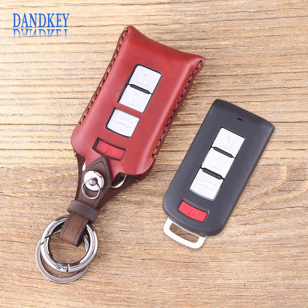 

Dandkey Leather Key Case 4 Buttons Remote Key Shell Fob For Mitsubishi Lancer EX Outlander Pajero Protector Key Cover Bag