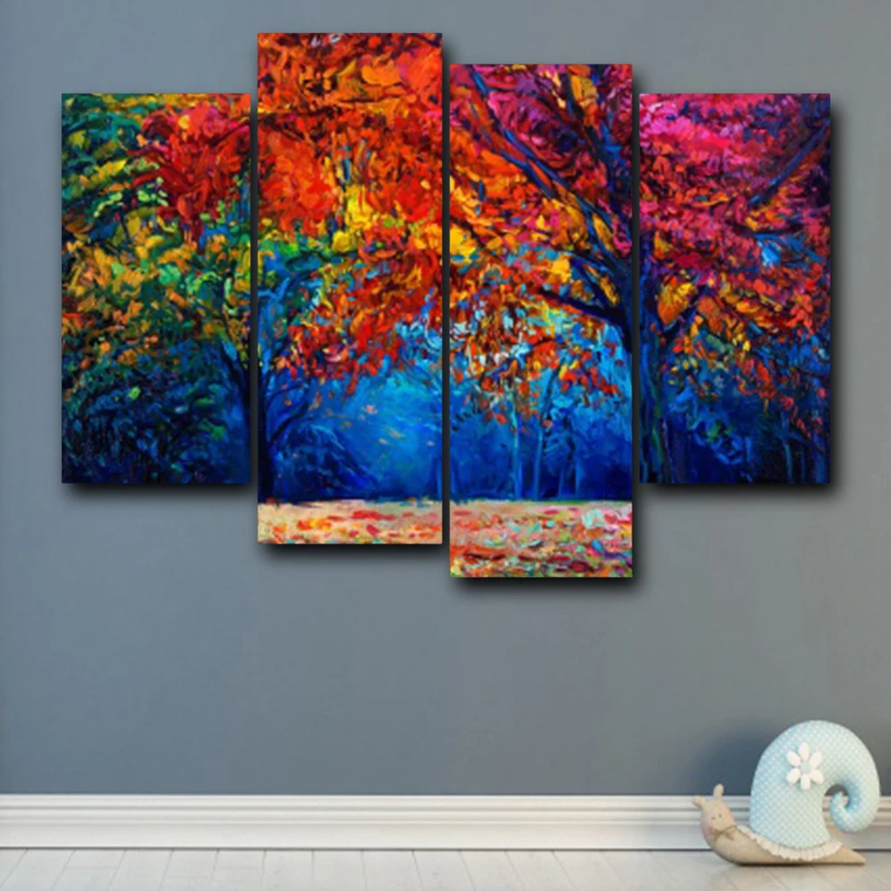 Осенний пейзаж плакат 4 панели абстрактный винтажный Холст Картина маслом и