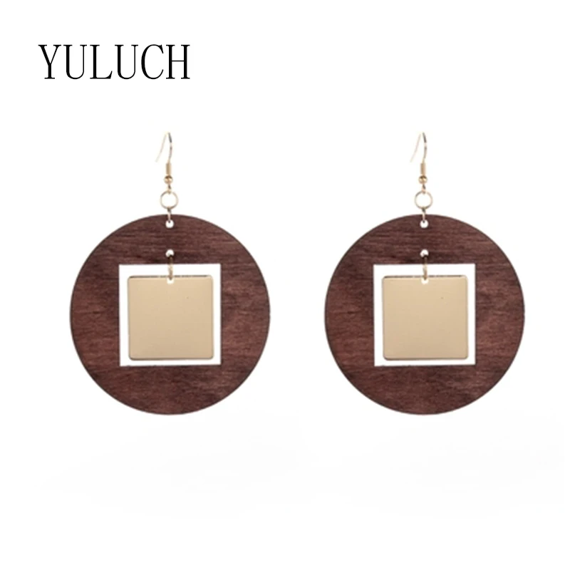 

YULUCH Geometric Round Wood Or Square Wood Combination Of Two Kinds Of Pendant Earrings Woman Simple Earring Personalized Gifts
