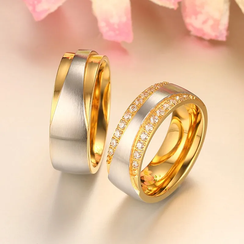 Золото Цвет обручальные кольца нержавеющая сталь пара любовника ювелирные изделия Романтический CZ камень