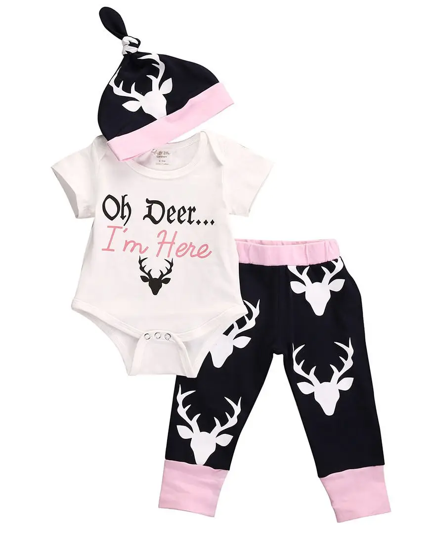 Adorable Baby Girls Top Romper +Deer Pants Leggings Hat Home Outfits 3PCS Setleggings kid