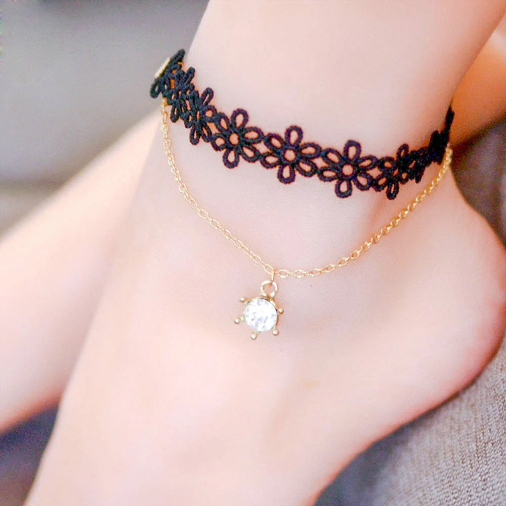 

Black Lace Small Crown Pendant Anklets for Women Foot Jewelry Summer Ankle Bracelet Sandals on the leg Female Gift Accessories