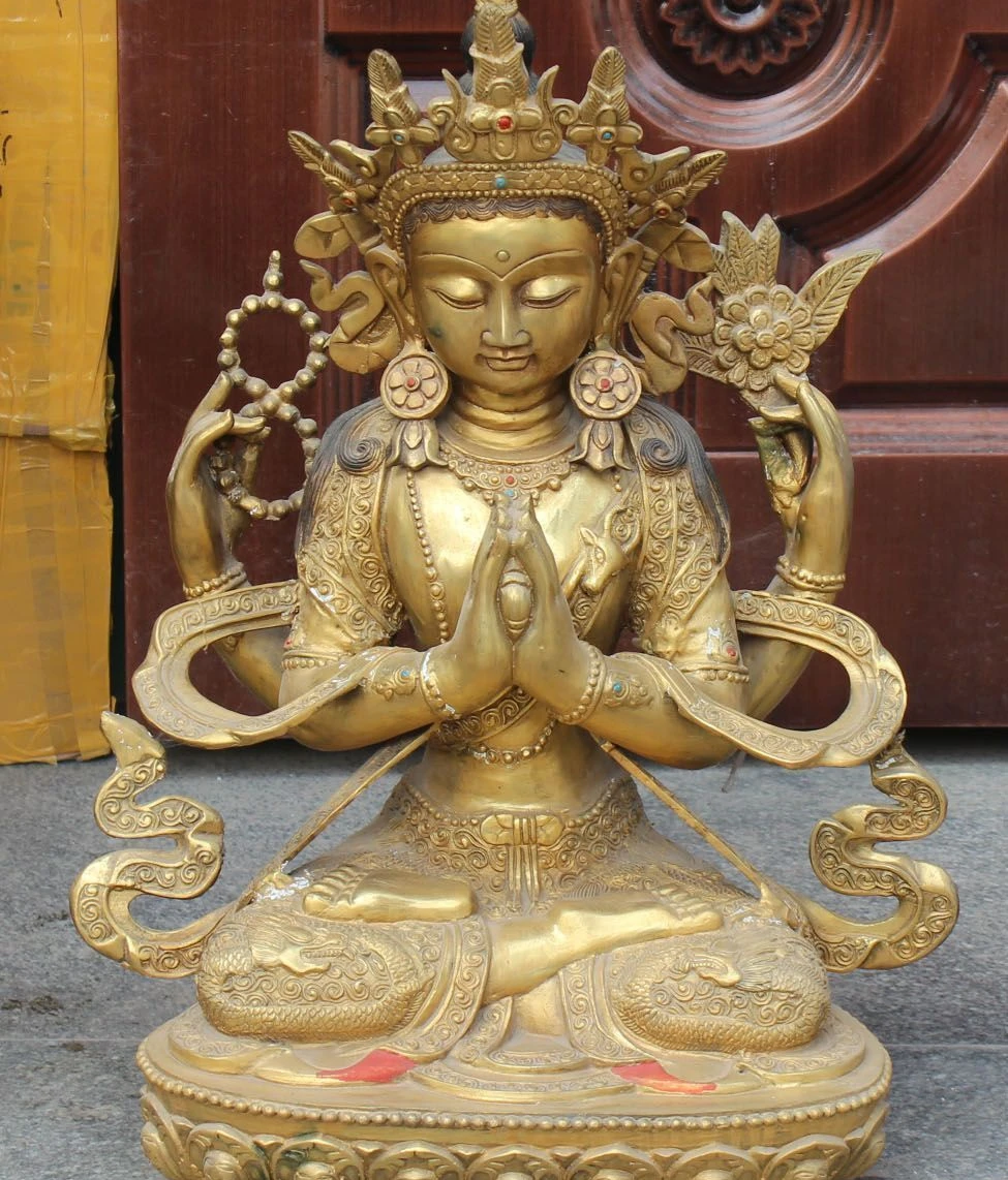 

27" Tibetan Buddhism Bronze Gilt 4 Hands 4 arms Chenrezig Buddha Dragon Statue