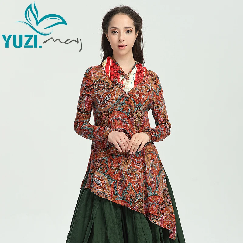 Женские блузки 2017 Yuzi.nay Boho новые блузы из хлопка и льна с цветочным принтом