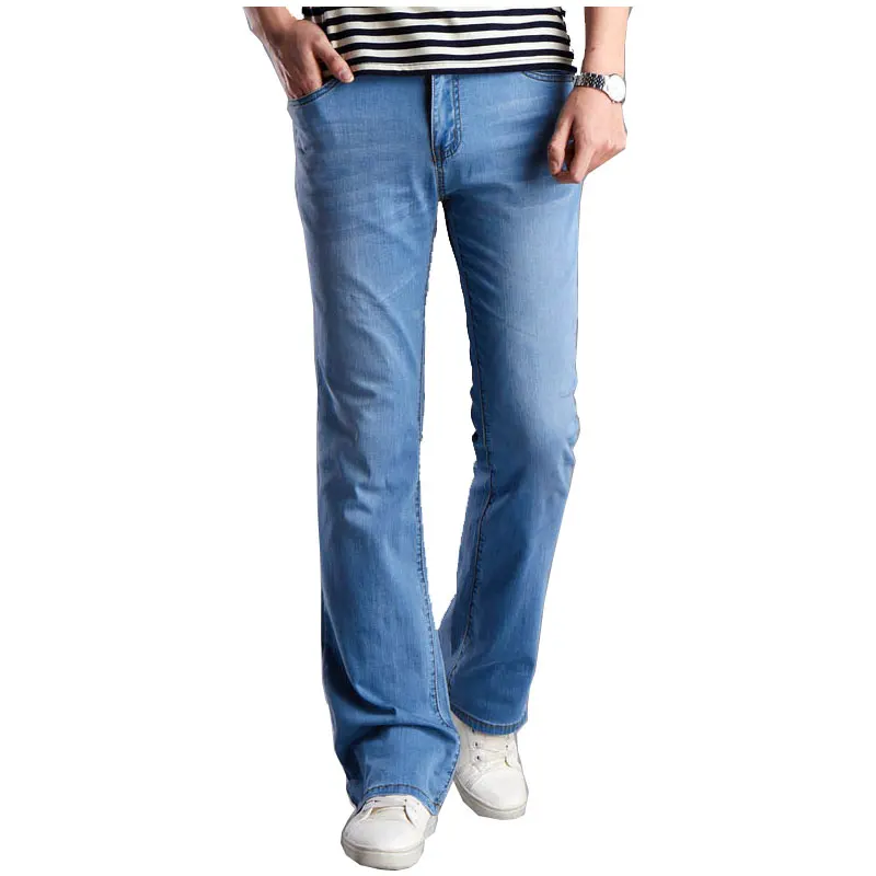 Casual Mens Bell Bottom Jeans Business thin Light Blue Mid Waist Slim ...