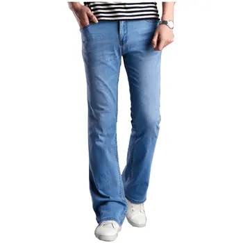 

Casual Mens Bell Bottom Jeans Business thin Light Blue Mid Waist Slim Fit Boot Cut Semi-flared Flare Leg Denim Pants Size 27-36