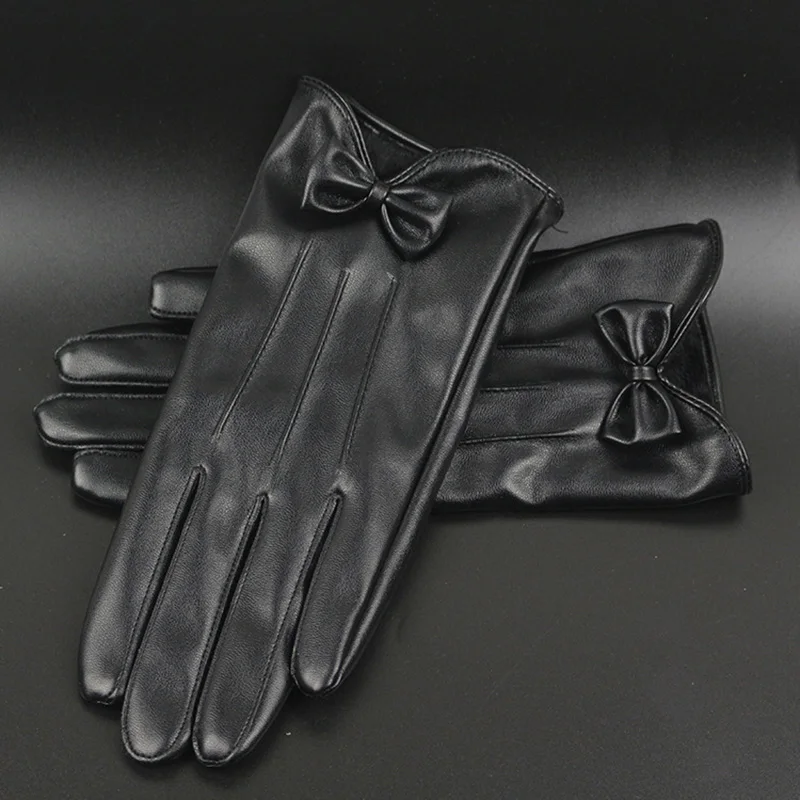 Высокое качество кожаные женские модные зимние теплые черные велосипедные перчатки с бантом женские перчатки для вождения сенсорного экрана телефона варежки B7