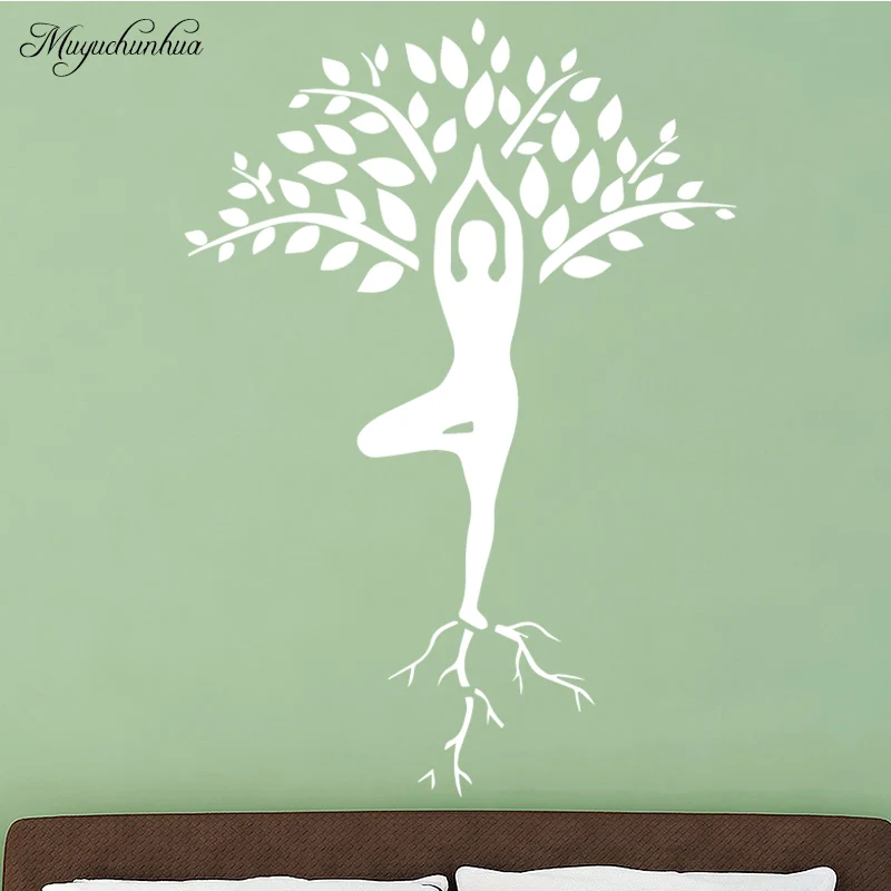 

Slender Woman Yoga Pose Wall Sticker Tree Pattern Decoration for Girl Bedroom Wall Stickers Removable Vinyl Wall Mural