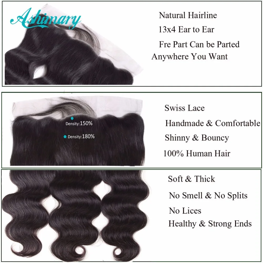 Ashimary Lace Frontal Closure with Bundles Brazilian Body Wave with Frontal Closure Remy Human Hair 3/4 Bundles with Frontal