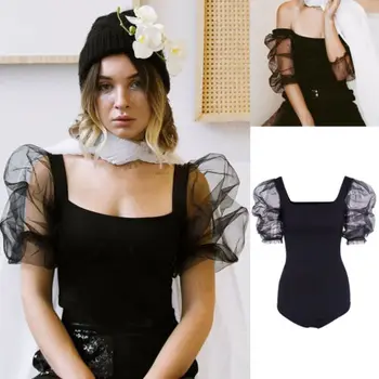 

UK New Sexy Women Off shoulder Playsuit Jumpsuit Rompers 2019 Summer Beach Casual Mesh Short Sleeve Black Tops