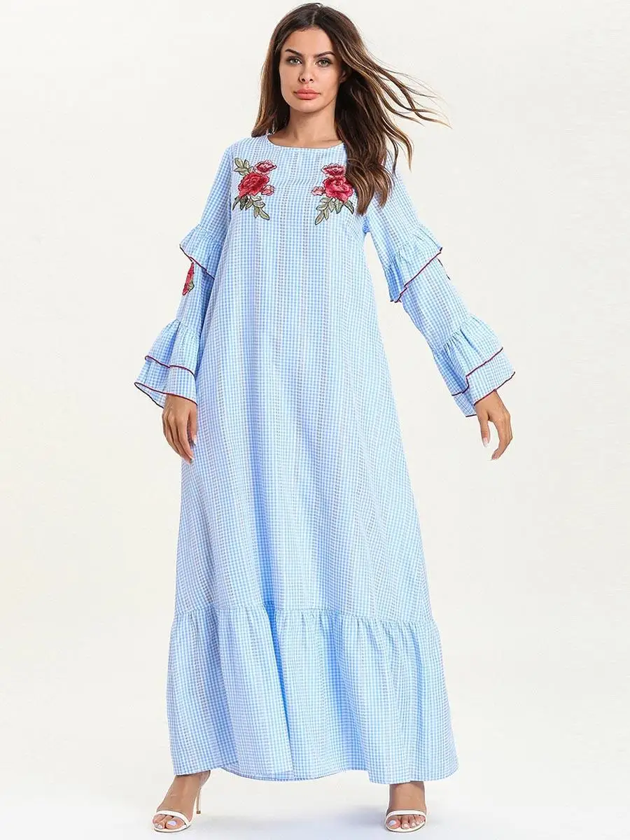 Женское длинное платье с расклешенными рукавами, модная клетчатая полосатая Лоскутная Вышивка, макси-платье, мусульманская Повседневная