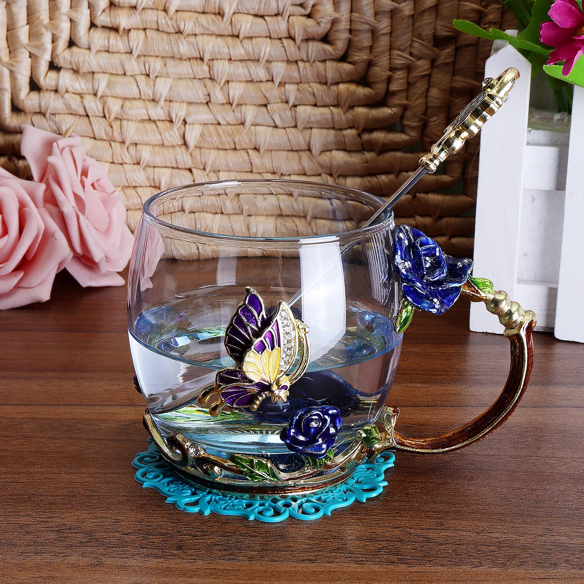 Beauty And Novelty Enamel Coffee Cup Mug Flower Tea Glass Cups for Hot and Cold Drinks Spoon Set Perfect Wedding Gift|Другие стаканы| |