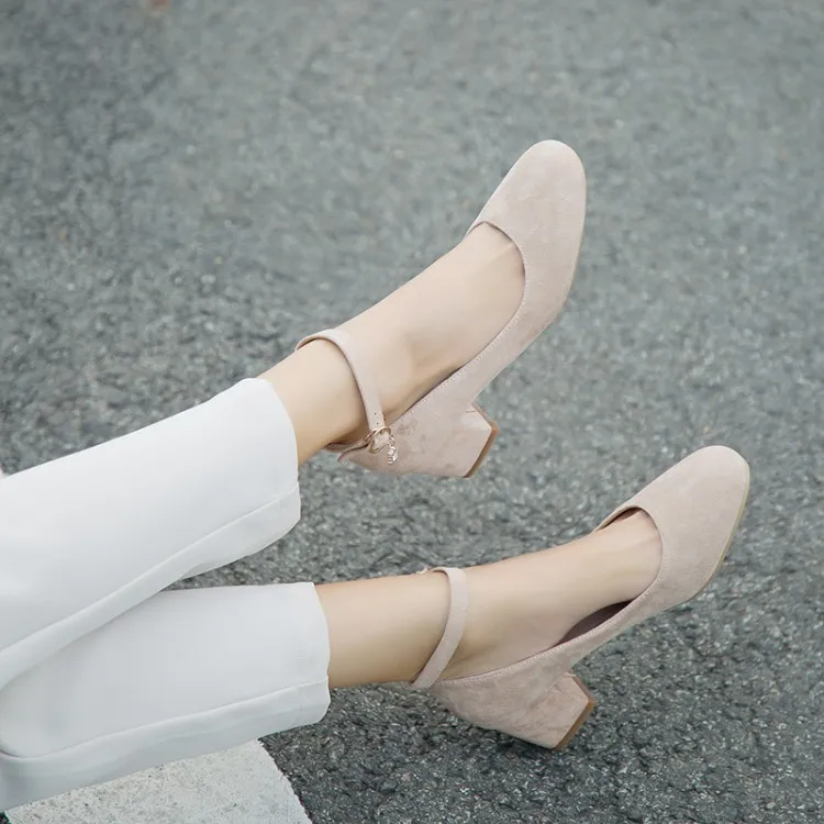

Big Size 11 12 13 ladies high heels women shoes woman pumps Suede round head, shallow thick heel, square heel of one-word buckle