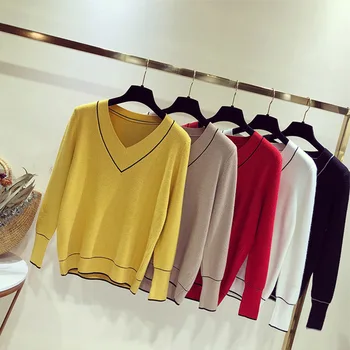 

Women Knitted Sweaters And Pullovers 2019 Autumn Korean Short Sweaters Female Knitted Sweater Women V-neck Pullover Tops