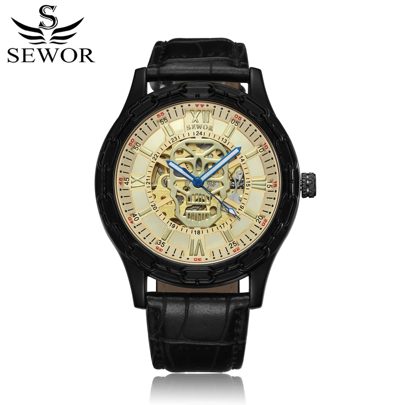 

SEWOR Men Watch Mechanical Automatic Self-Wind Leather Strap Luxury Man Watches Skull Pattern Skeleton Clock With Box SWQ49