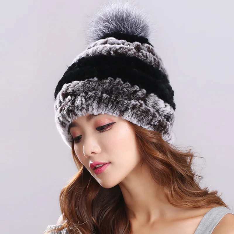 

Women Genuine Knitted Rex Rabbit Fur Hats Russian Hat ushanka Natural Stripe Rex Rabbit Fur Caps lady winter Warm Head Wear Free