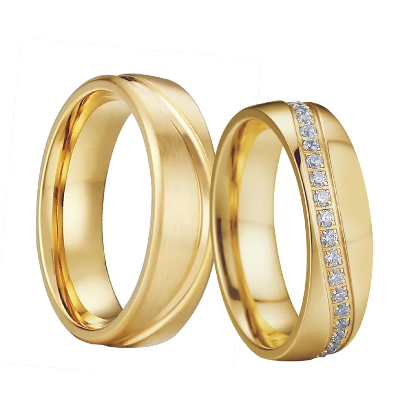 Wedding Band Rings Men Gold color aneis anel masculino size 15 feminino anillos Cubic Zirconia Engagement Couple Rings For Women