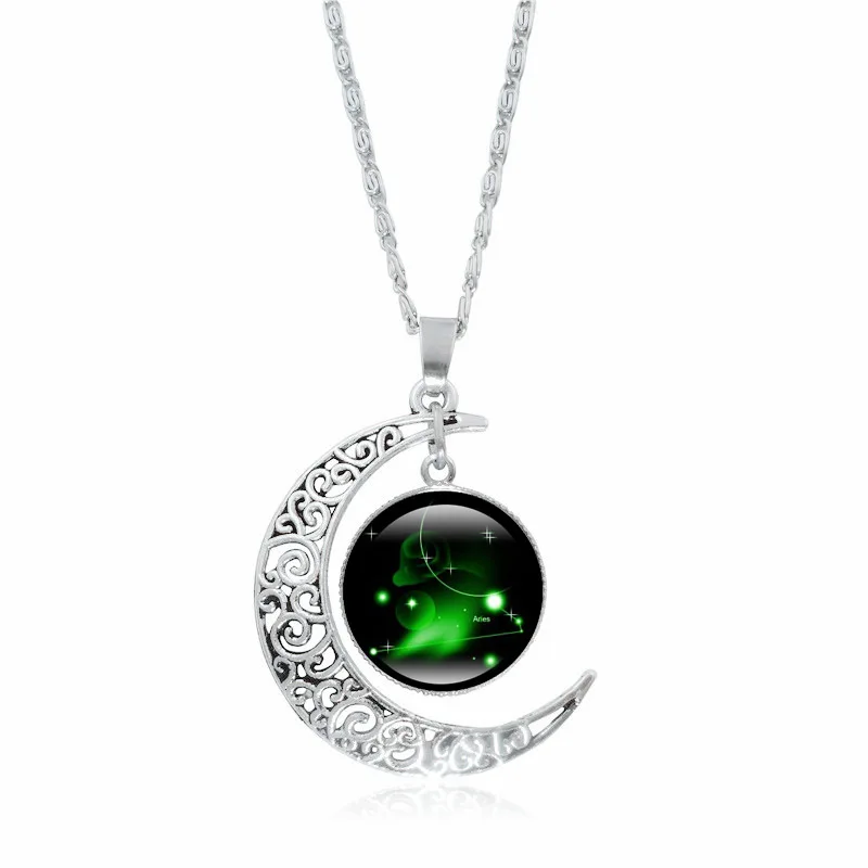 XUSHUI XJ 12 Созвездие стекло кабошон кулон ожерелье серебро полумесяц ювелирные изделия цепь ожерелье для женщин Девушка семья подарки - Окраска металла: Aries
