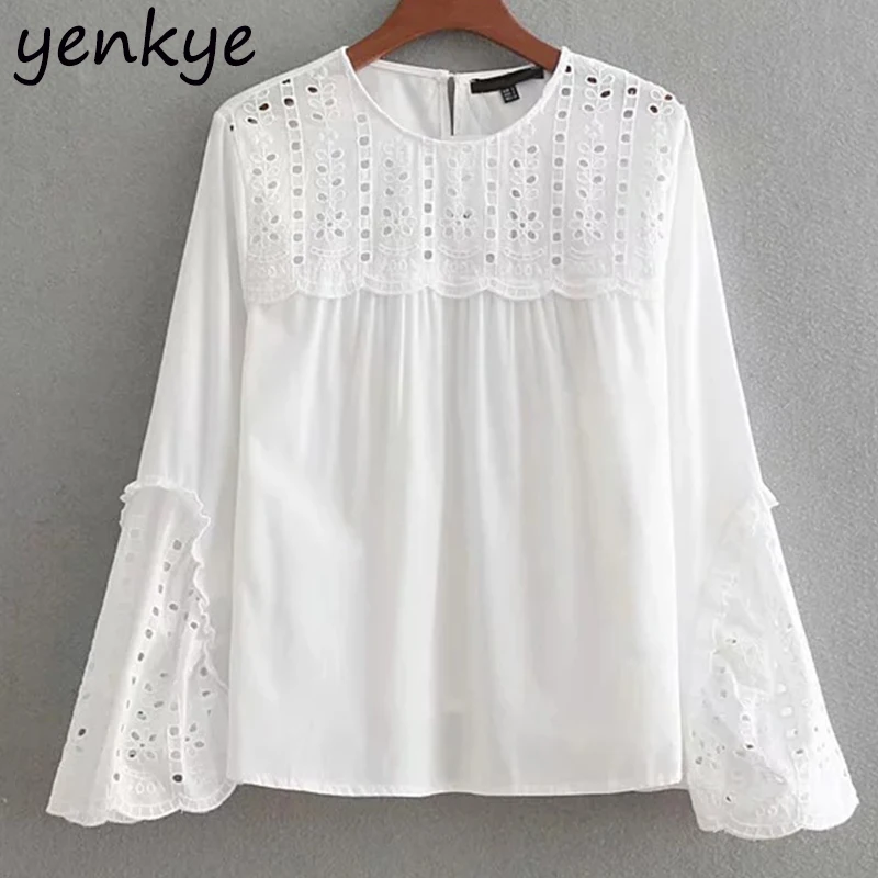 

Fashion Women O Neck Long Sleeve Openwork Embroidery Blouse Female Solid Color Casual Autumn Tops blusas CCWM8815