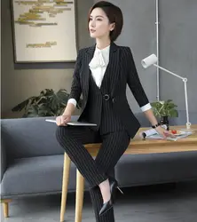 3 предмета жилет брюки и куртка наборы для ухода за кожей Формальные для женщин бизнес костюмы женские офисные Черные Полосатые Пиджаки