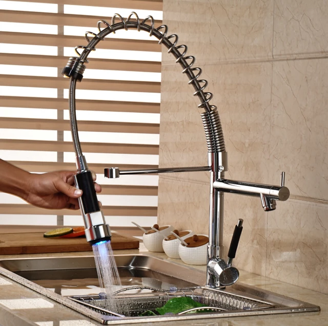 Special Price LED Light Dual Spout Hot Cold Water Kitchen Faucet Single Handle Pull Down Spring Kitchen Mixer Taps