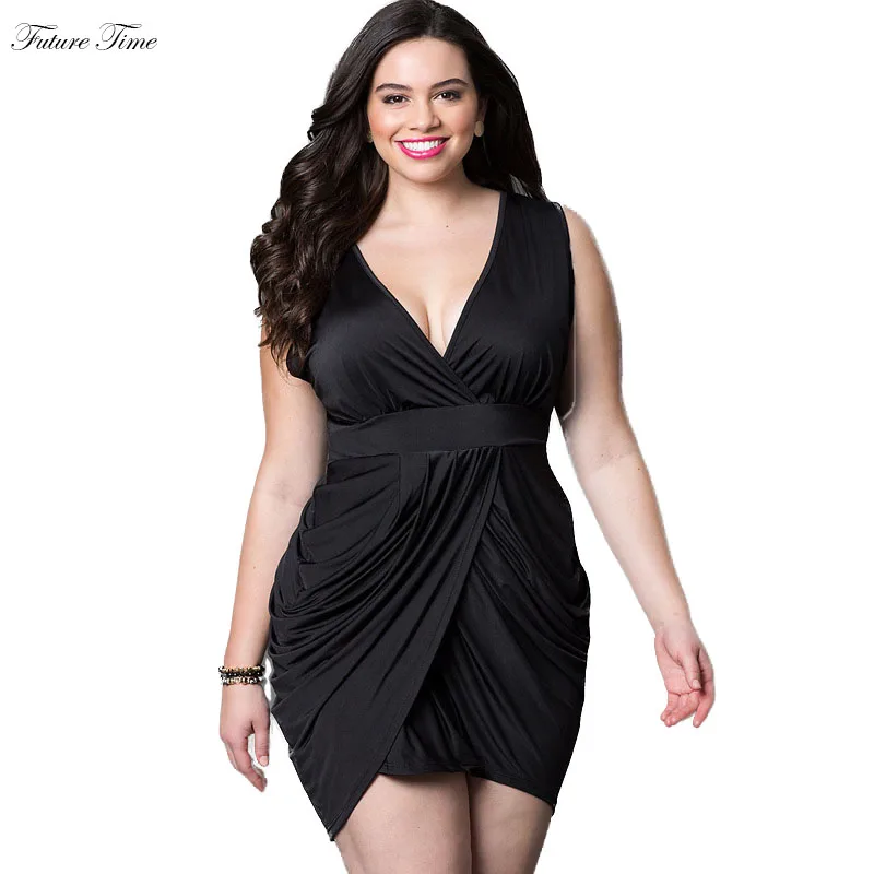 Dress Women Plus Size Sexy Deep V Neck Package Hip Sleeveless Mini ...