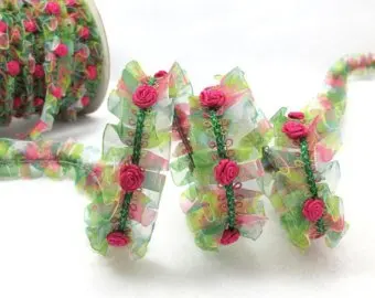 

Pleated Trim|w Rococo Flower Trim|1 1/8 Inches Pleated Ombre Printed Chiffon Trim|Organza Chiffon Trim|Retro Handmade Supplies