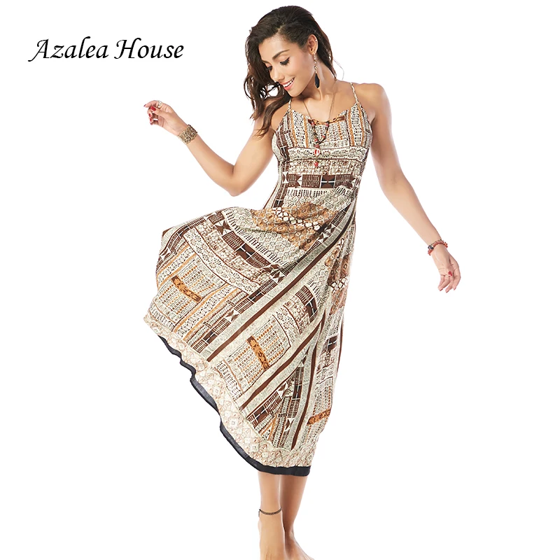Azalea House Sexy Women Dress National African Style Mid Calf Loose Print Backless Cross Bandage Straped Dress