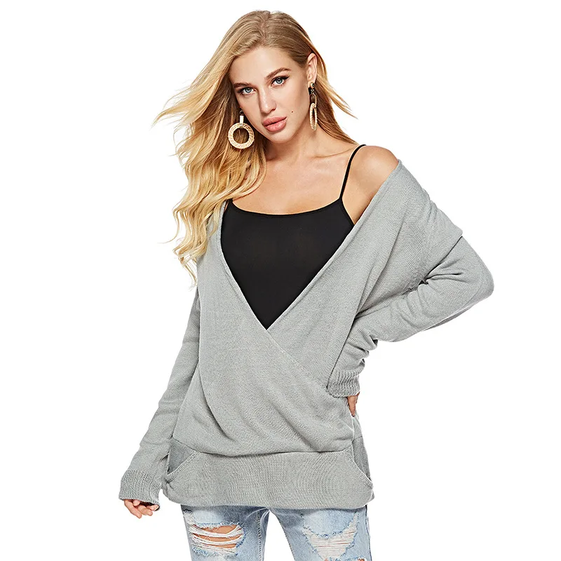 Autumn V Neck Knitted Pullovers Women Sexy Loose Knitting Sweater 2018 New Fashion Solid Color Jumpers Feminina Female Sweaters