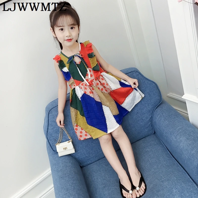 

LJWWMTZ EGH3135 Children's wear cuhk dress women's summer stitching style 2018 new sleeveless lace-up bow princess dress