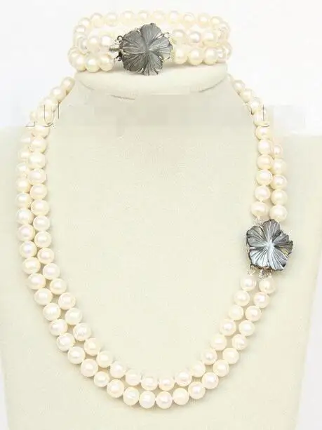 

Free Shipping >> 18" 8" 2row 9mm round white pearls necklace bracelet set seashell clasp