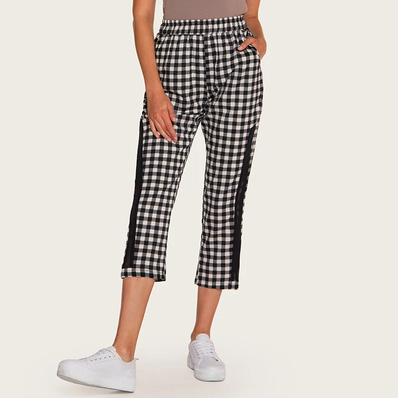 

Wasteheart Summer Cotton Black Women Fashion Long Pants Harem Pants High Waist Calf Length Female Pants Plaid Mesh Perspective