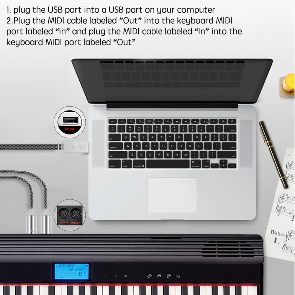 Элемент MIDI кабель для USB IN-OUT Converter, Professional MIDI интерфейс с индикатором, чип обработки FTP, металлический корпус