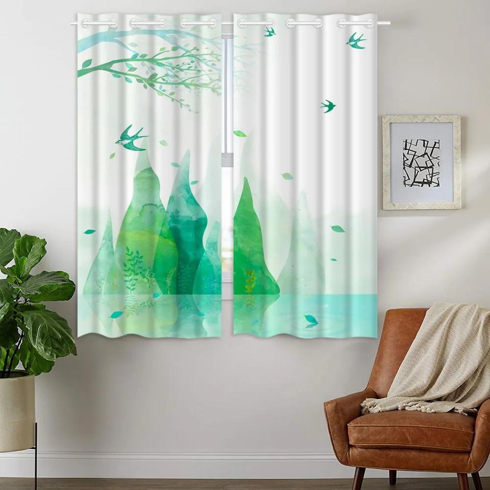

Darkening Blackout Curtains 2 Panels Grommet Curtains for Bedroom Green Watercolor Creative Painting Mountain Bird Spring
