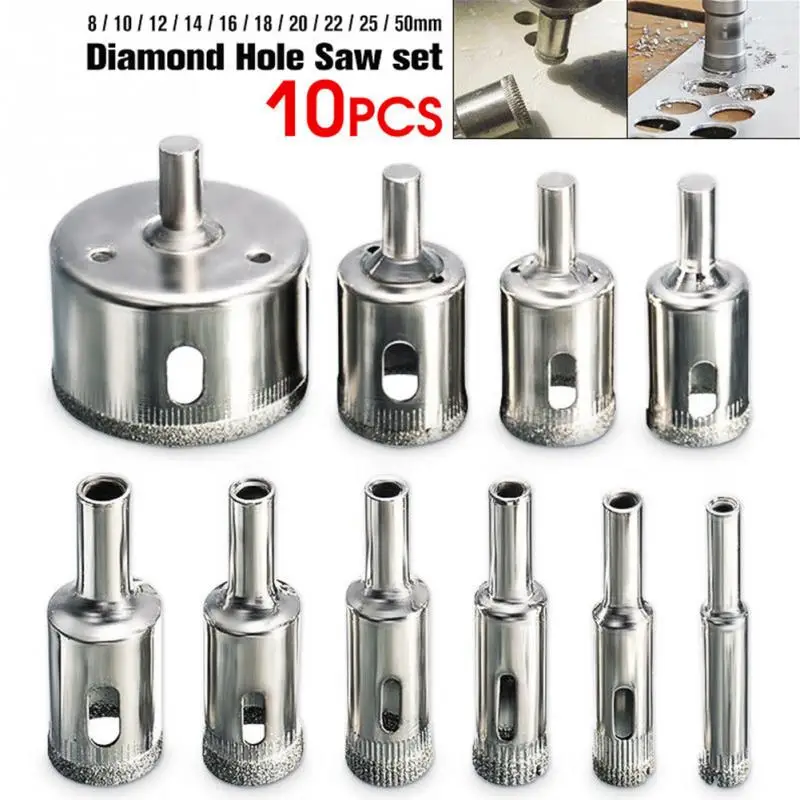 

10pcs/set Diamond Glass Hole Saw Drill Bit Set Cutter Tool For Glass Ceramic Marble 8/10/12/14/16/18/20/22/25/50mm