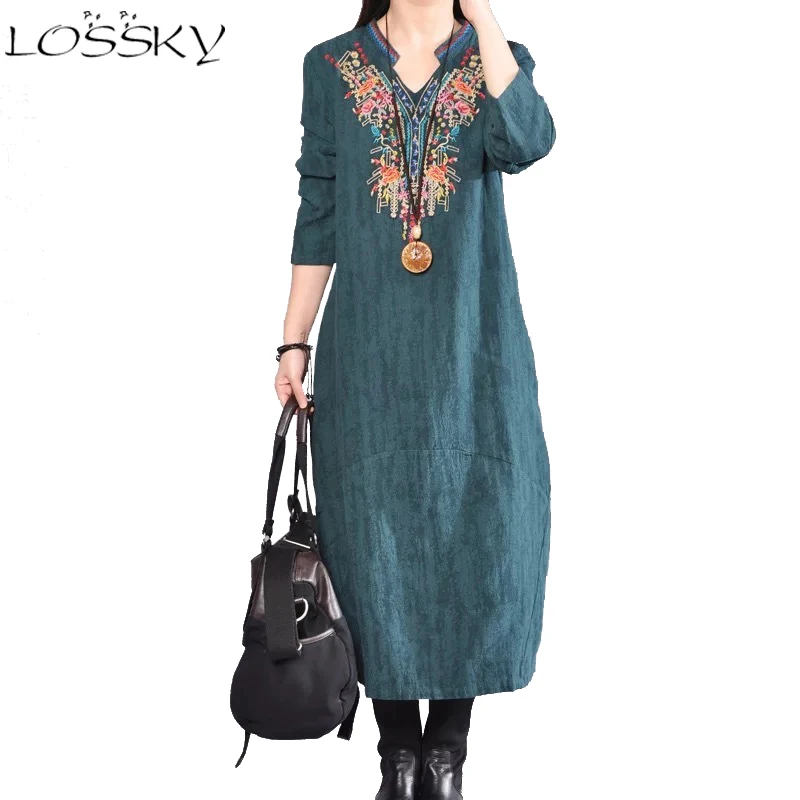 

Autumn Flower Embroidered Cotton Linen Women Dress Loose Vintage V Neck Ladies Elegant Dresses 2018 New Fashion Female Vestidos