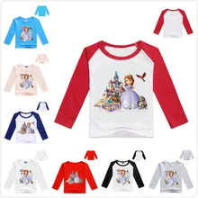 Розничная, детские футболки футболка принцессы Софии для девочек Однотонная футболка с длинным рукавом для девочек детская одежда детские рубашки, одежда