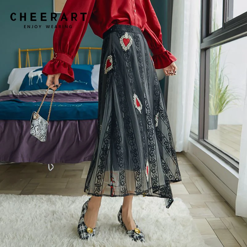 

Cheerart Long Lace Mesh Skirt Women Peach Heart Embroidery Irregular Skirt High Waist Ladies Asymmetrical Skirt Clothing